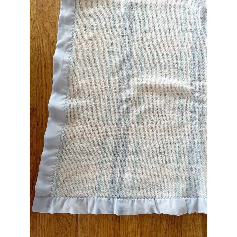 Vintage Cotton Woven Baby Blanket Blue Embroidered Waffle Satin Trim Large 68x88